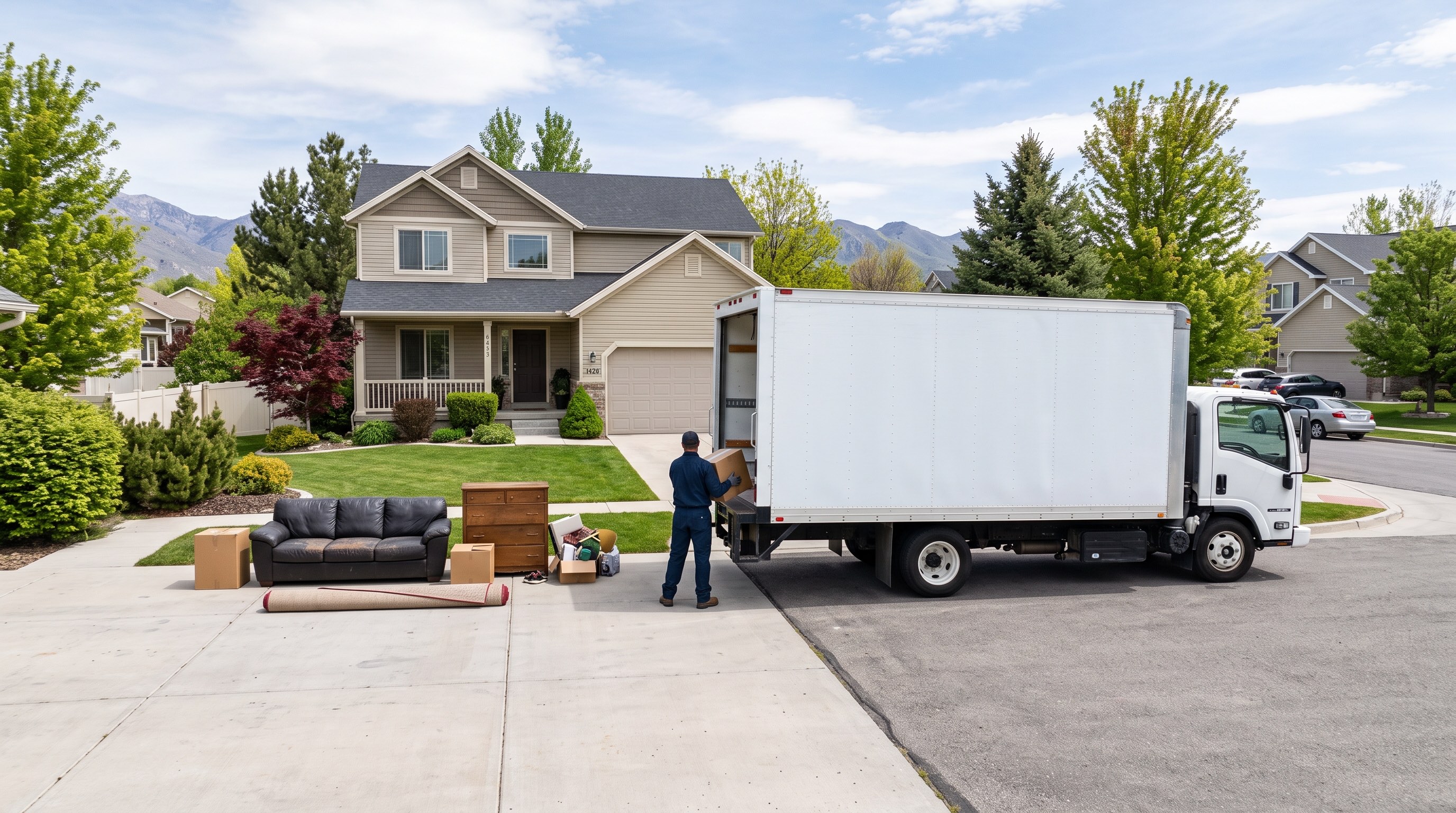 Local crew loading household junk into a truck outside a Logan home